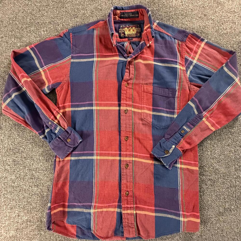 Ralph Lauren Chaps Mens Red Blue Plaid Cotton Button Up Shirt Small #708